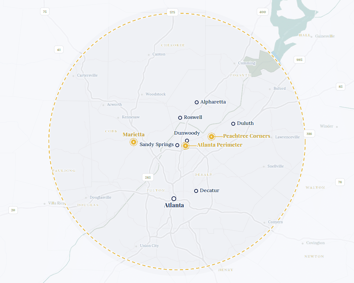 Map of the Fricke & Associates service area, a 40 mile radius around metro Atlanta covering Atlanta, Marietta, Alpharetta, Duluth, Decatur, Lawrenceville, Douglasville and Newnan